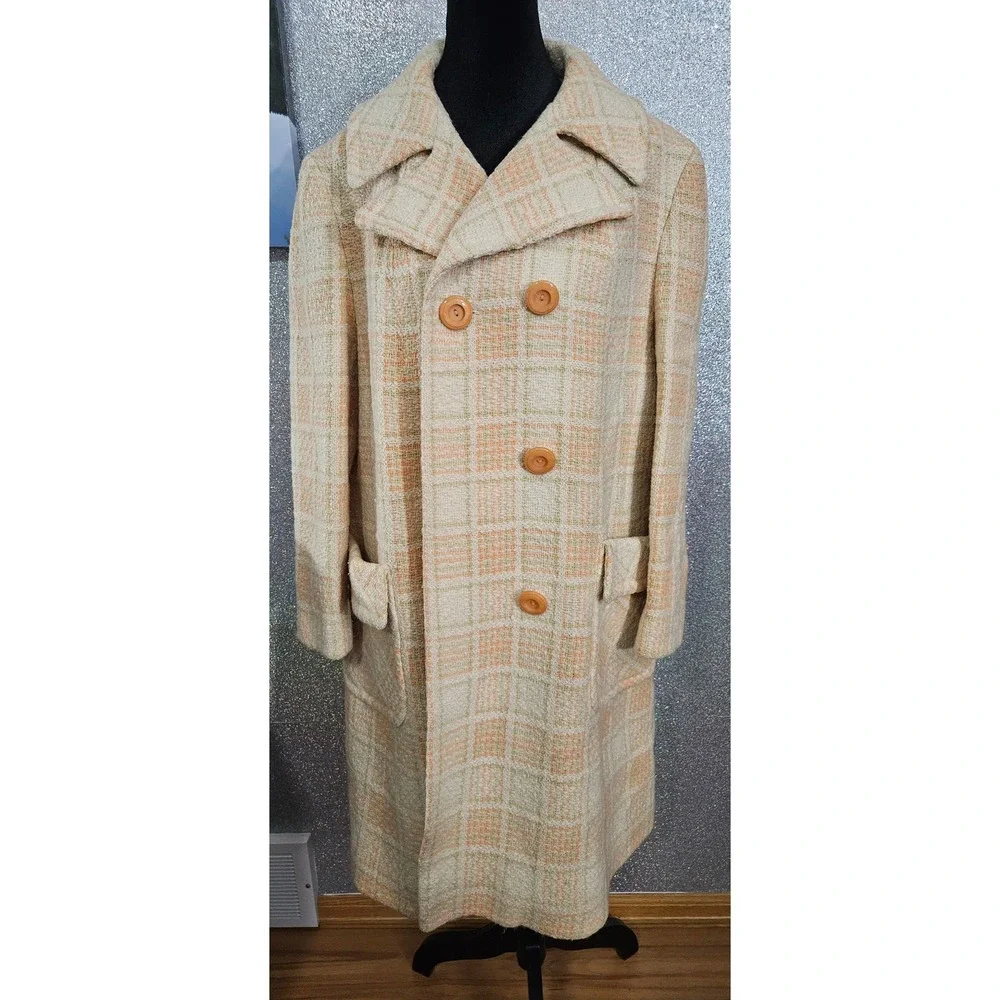 Vintage ILGWU Union Made Plaid Tweed Double Breasted Peacoat Orange‎ Green Cream
